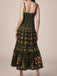 Robe Longue Florale Bretelles Fines à Volants Étagés Vert Foncé Années 1970 5