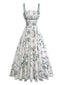 Robe Bretelles Spaghetti Botanique Évasé Blanc & Vert Années 1950