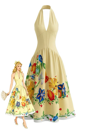 Robe Florale Halter Dos Nu Jaune Années 1950
