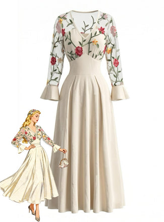 Robe longue ivoire à broderies florales et manches transparentes années 1950