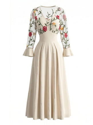 Robe longue ivoire à broderies florales et manches transparentes années 1950