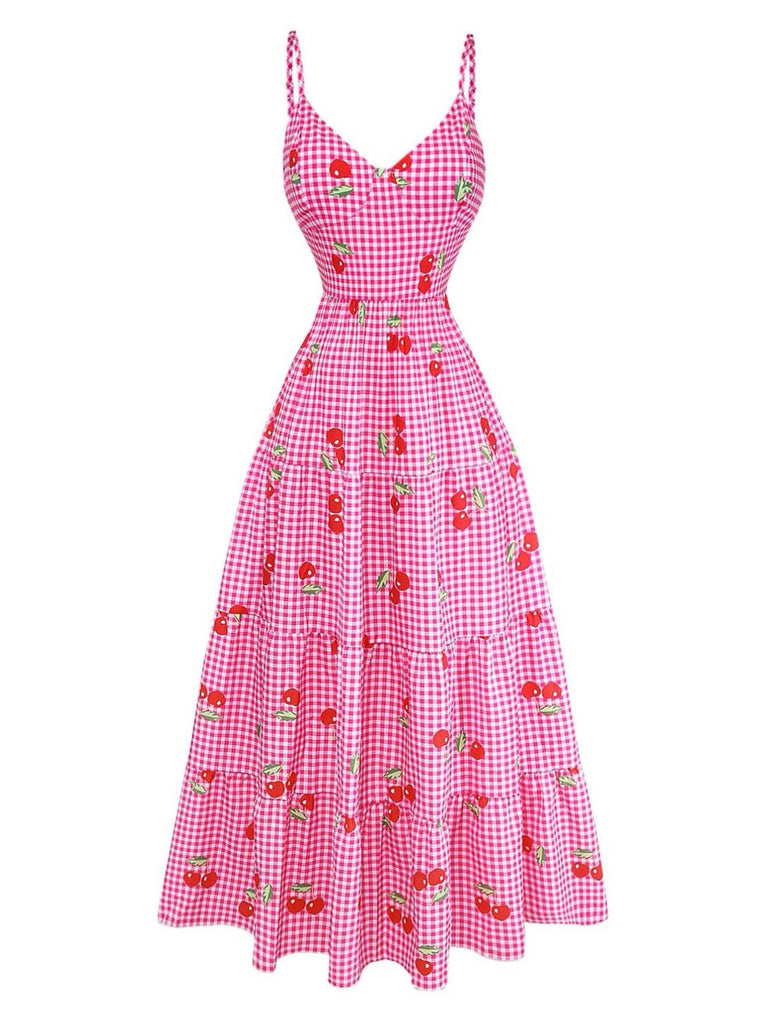 Robe Rose Vichy Cerise à Étages Maxi Années 1930 2