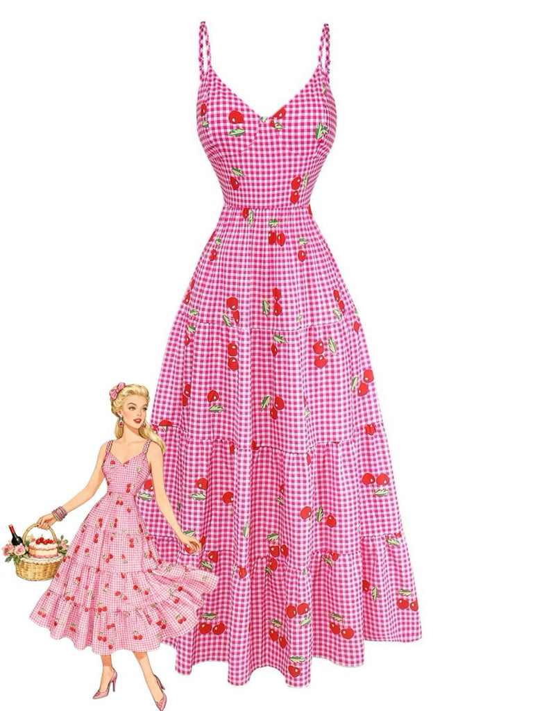 Robe Rose Vichy Cerise à Étages Maxi Années 1930