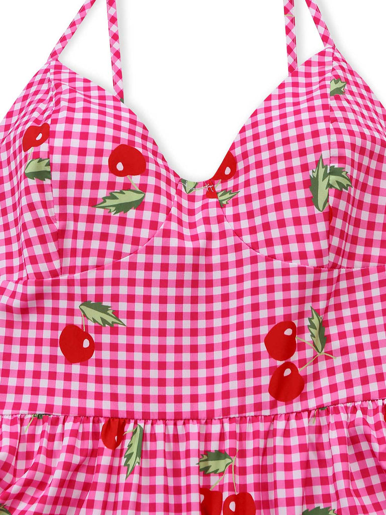 Robe Rose Vichy Cerise à Étages Maxi Années 1930 4
