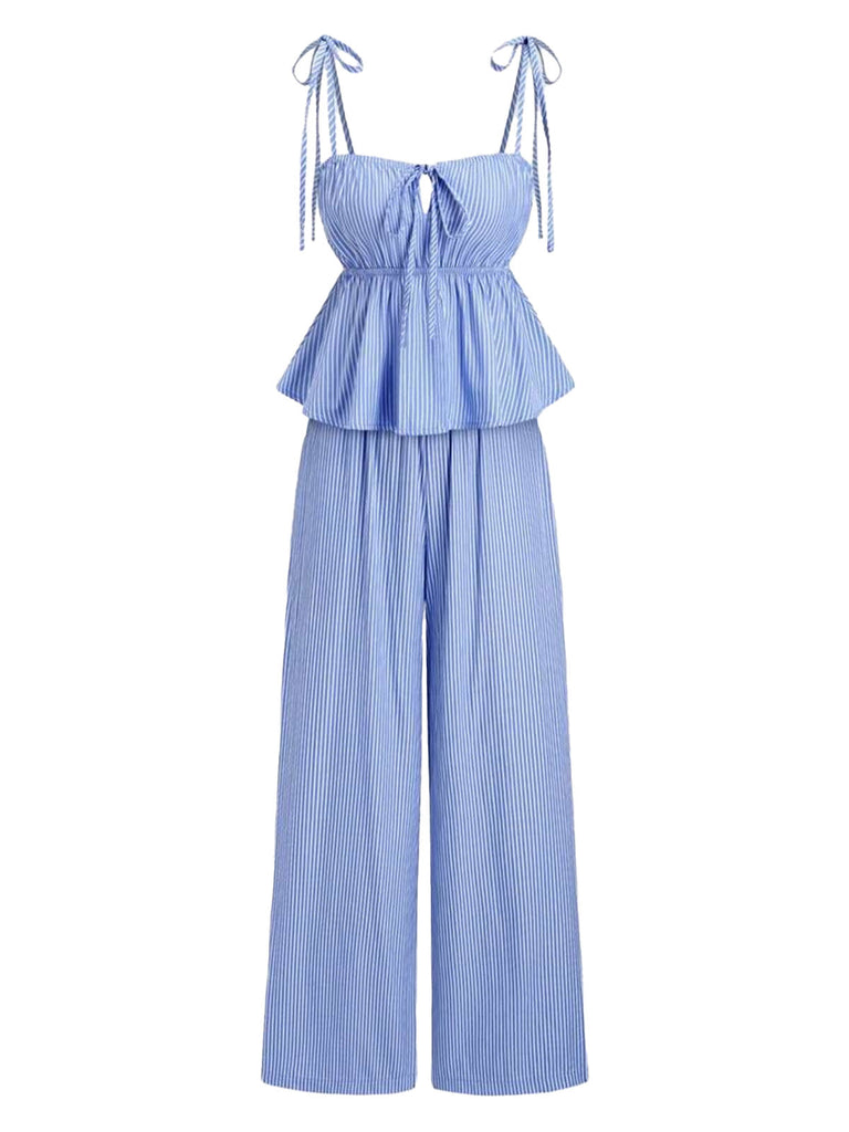 2PCS 2PCS Jambes Larges Rayé Nœud Nœud Péplum Bleu Clair Années 1950 2