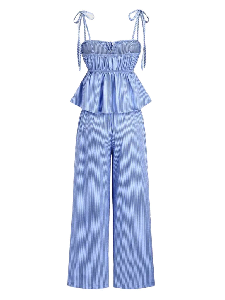 2PCS 2PCS Jambes Larges Rayé Nœud Nœud Péplum Bleu Clair Années 1950 4