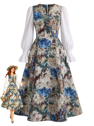 Robe Floral Pictural Imprimé Faux Deux-Pièces Années 1950