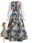 Robe Imprimé Floral Pictural Manches Longues Années 1950