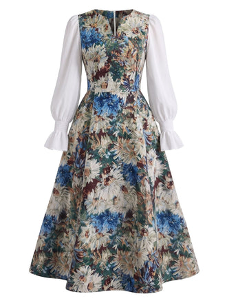 Robe Floral Pictural Imprimé Faux Deux-Pièces Années 1950 2