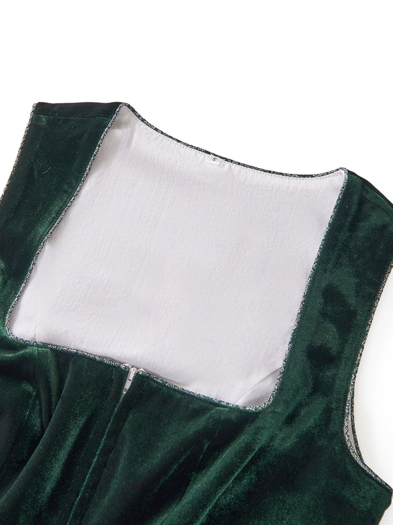 2PCS Robe Col Carré Velours Jacquard Tablier Vert Années 1950 5