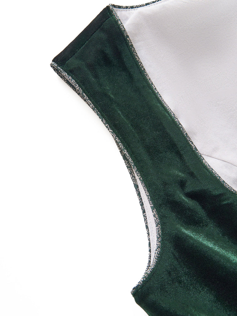 2PCS Robe Col Carré Velours Jacquard Tablier Vert Années 1950 6
