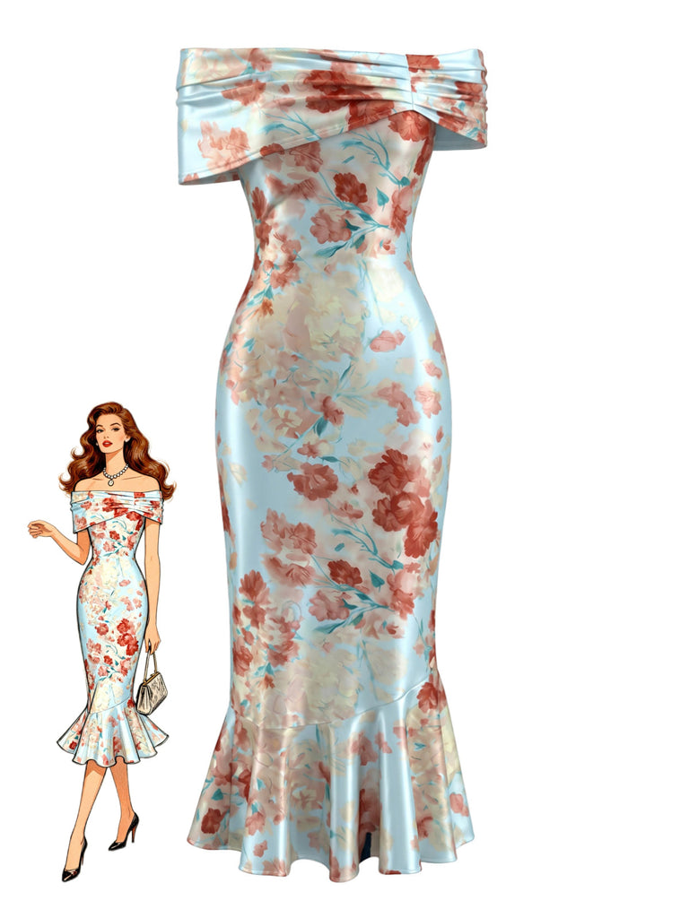 Robe Sirène Épaules Dénudées en Satin Floral Bleu Clair Années 30