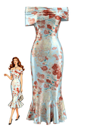Robe Sirène Épaules Dénudées en Satin Floral Bleu Clair Années 30