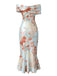 Robe Sirène Épaules Dénudées en Satin Floral Bleu Clair Années 30