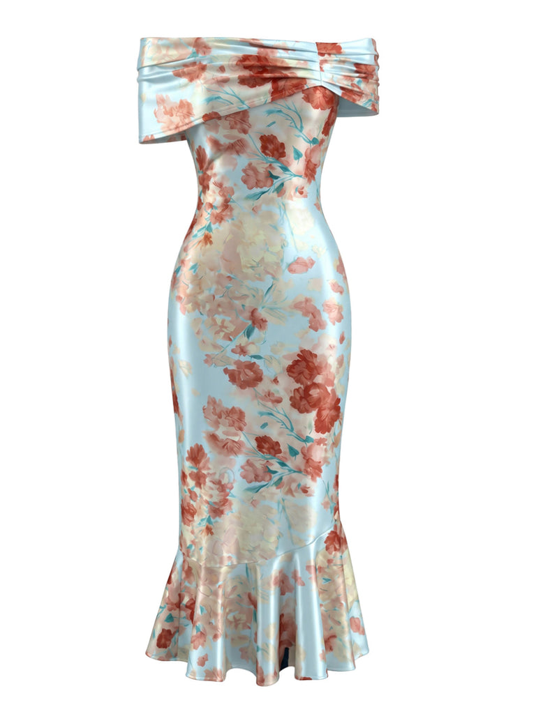 Robe Sirène Épaules Dénudées en Satin Floral Bleu Clair Années 30