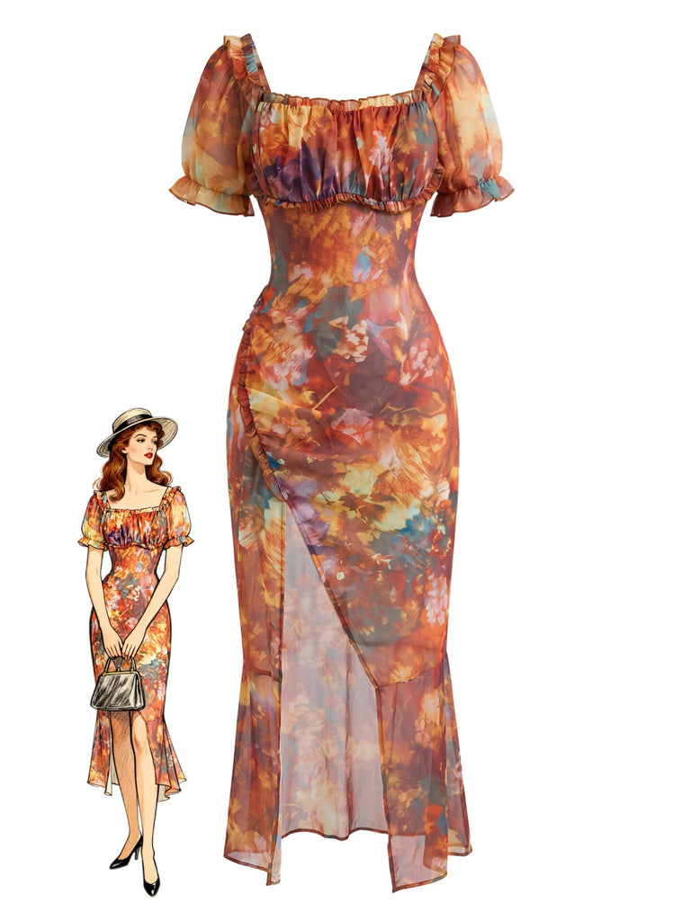 Robe Marron Watercolor Floral Imprimé Manches Bouffantes Années 1930