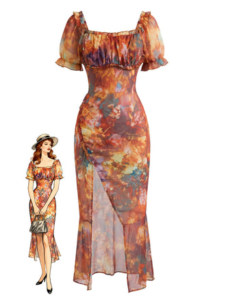 Robe Marron Watercolor Floral Imprimé Manches Bouffantes Années 1930