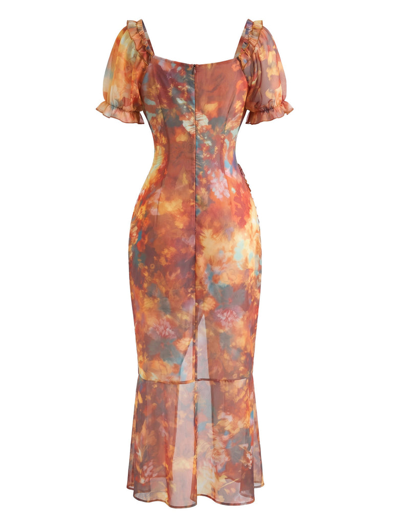 Robe Marron Watercolor Floral Imprimé Manches Bouffantes Années 1930 3