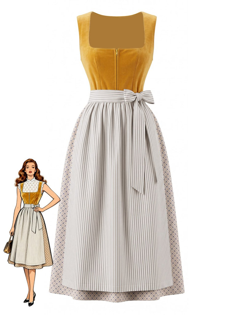 Robe Jaune Col Carré & Rayé Apron Années 1950
