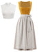 3PCS Robe Col Carré & Tablier Rayé & Haut Dentelle Jaune Années 1950