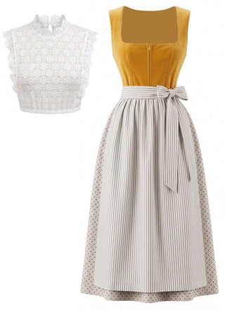 3PCS Robe Col Carré & Tablier Rayé & Haut Dentelle Jaune Années 1950