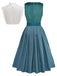 3PCS Robe Col Carré Velours & Tablier Floral & Haut Dentelle Bleu Canard Années 1950