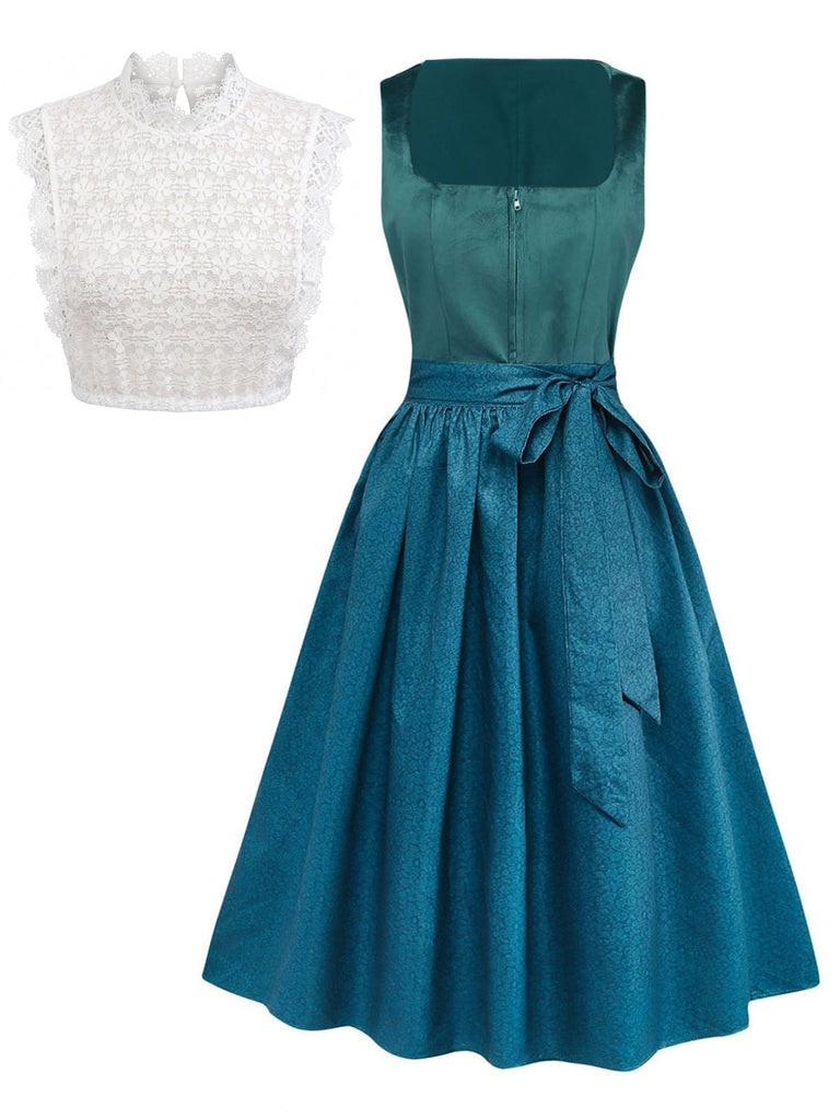 3PCS Robe Col Carré Velours & Tablier Floral & Haut Dentelle Bleu Canard Années 1950