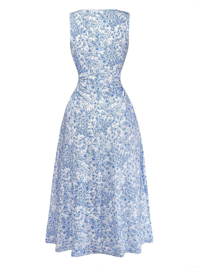 Robe Col Carré Sans Manches Floral Mi-Longue Petites Fleurs Années 1940 3