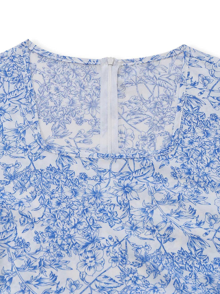 Robe Col Carré Sans Manches Floral Mi-Longue Petites Fleurs Années 1940 4
