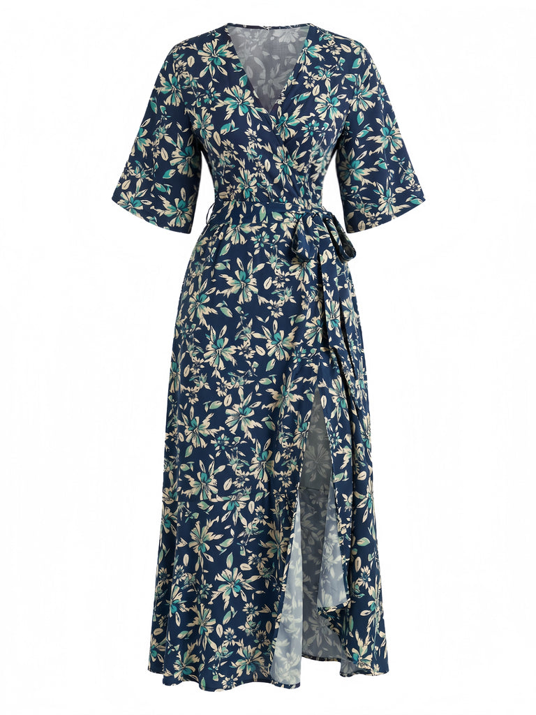 Robe Bohème Floral Imprimé Col V Portefeuille Midi Années 1970 4