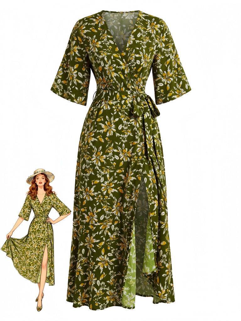 Robe Bohème Floral Imprimé Col V Portefeuille Midi Années 1970