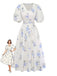 Robe Beige Floral Col V Manches Bouffantes Midi Années 1940