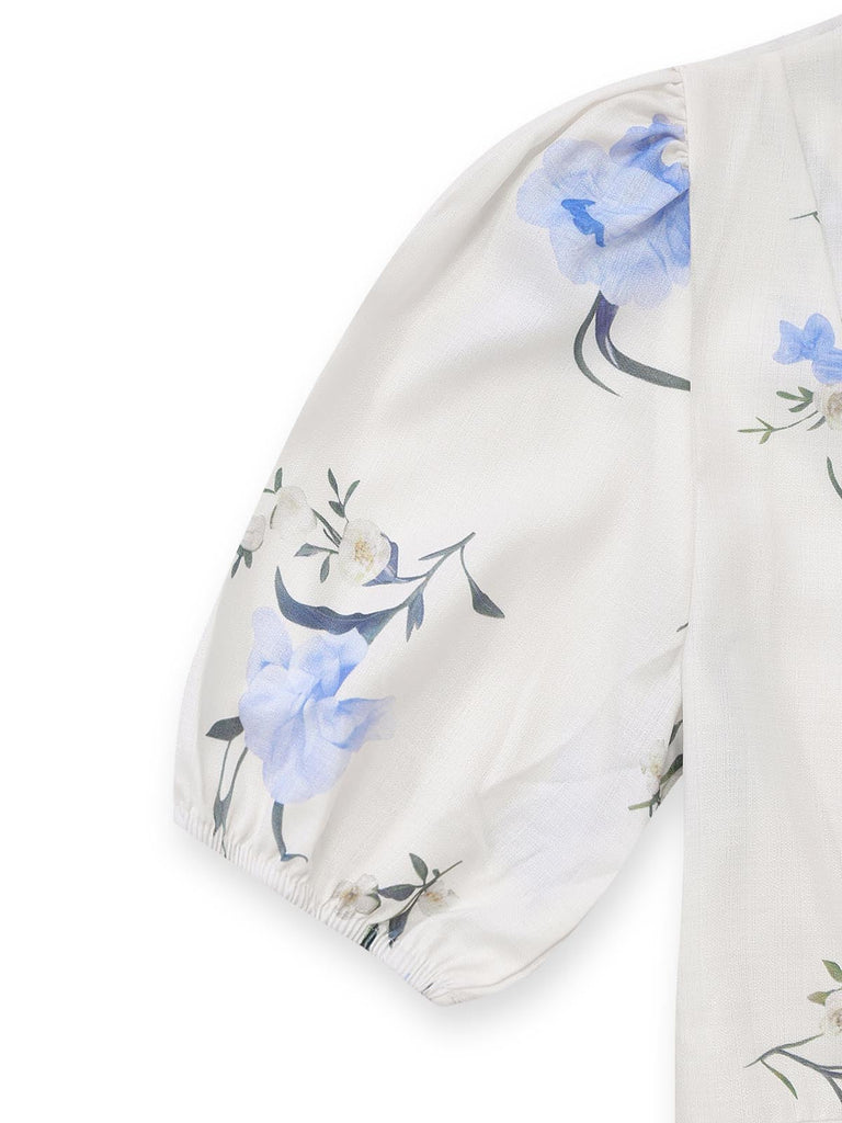 Robe Beige Floral Col V Manches Bouffantes Midi Années 1940 5