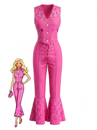Ensemble 2 Pièces Top Col V & Pantalon Évasé Barbie Rose Années 70