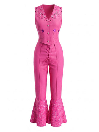 Ensemble 2 Pièces Top Col V & Pantalon Évasé Barbie Rose Années 70