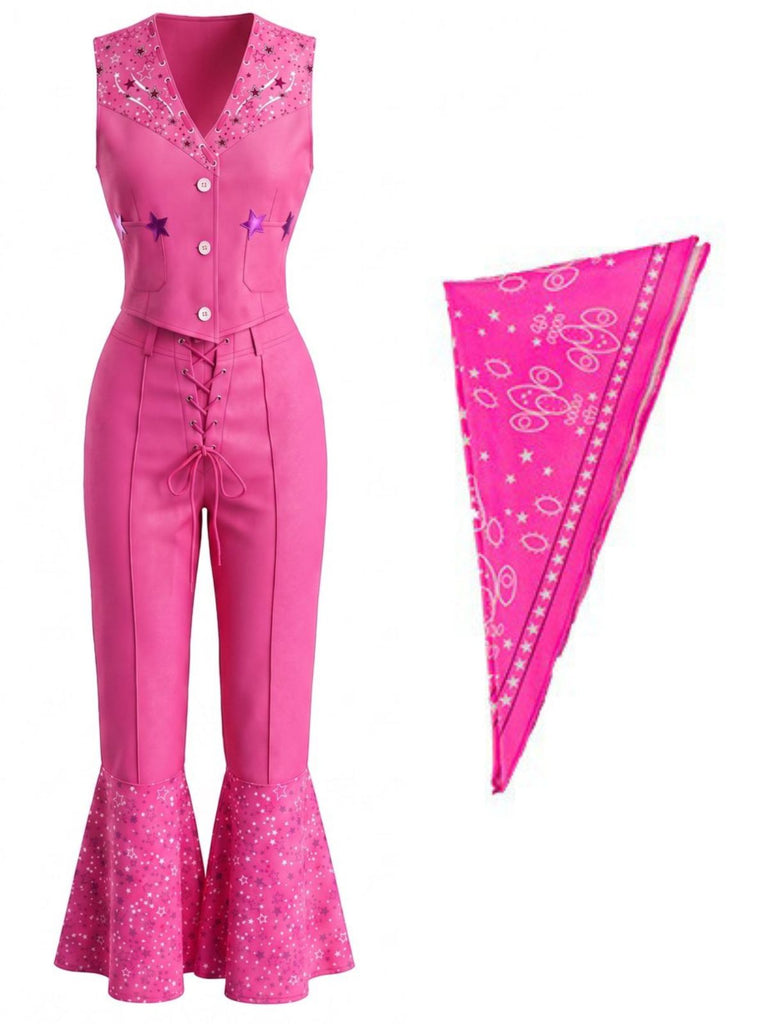 Ensemble 2 Pièces Top Col V & Pantalon Évasé Barbie Rose Années 70