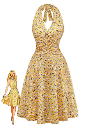 Robe Floral Halter Petites Fleurs Froncé Taille Jaune Années 1950