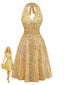 Robe Col Licou Petites Fleurs Froncé Taille Jaune Années 1950