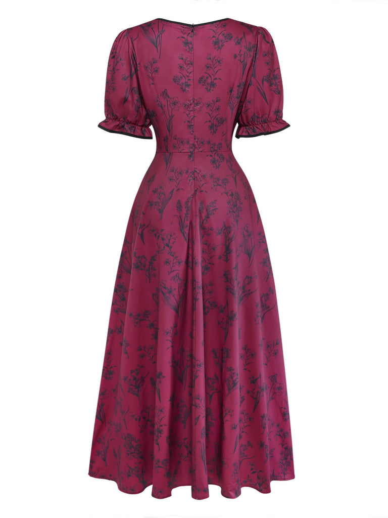 Robe Col Carré Floral Longue Imprimé Lie-de-Vin Années 1940 3