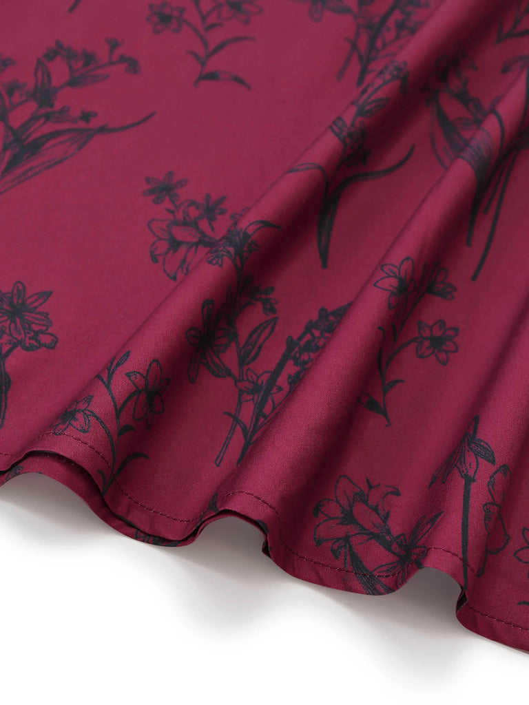 Robe Col Carré Floral Longue Imprimé Lie-de-Vin Années 1940 6