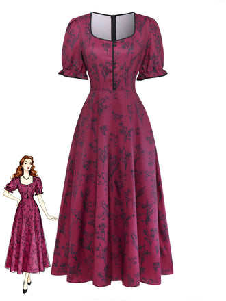 Robe Col Carré Floral Longue Imprimé Lie-de-Vin Années 1940