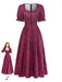 Robe Col Carré Floral Longue Imprimé Lie-de-Vin Années 1940
