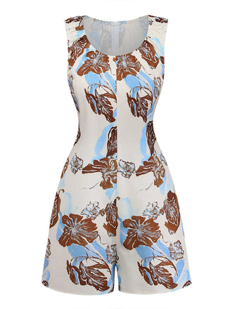 Combishort Beige Floral Imprimé Sans Manches Jambes Larges Années 1940 2