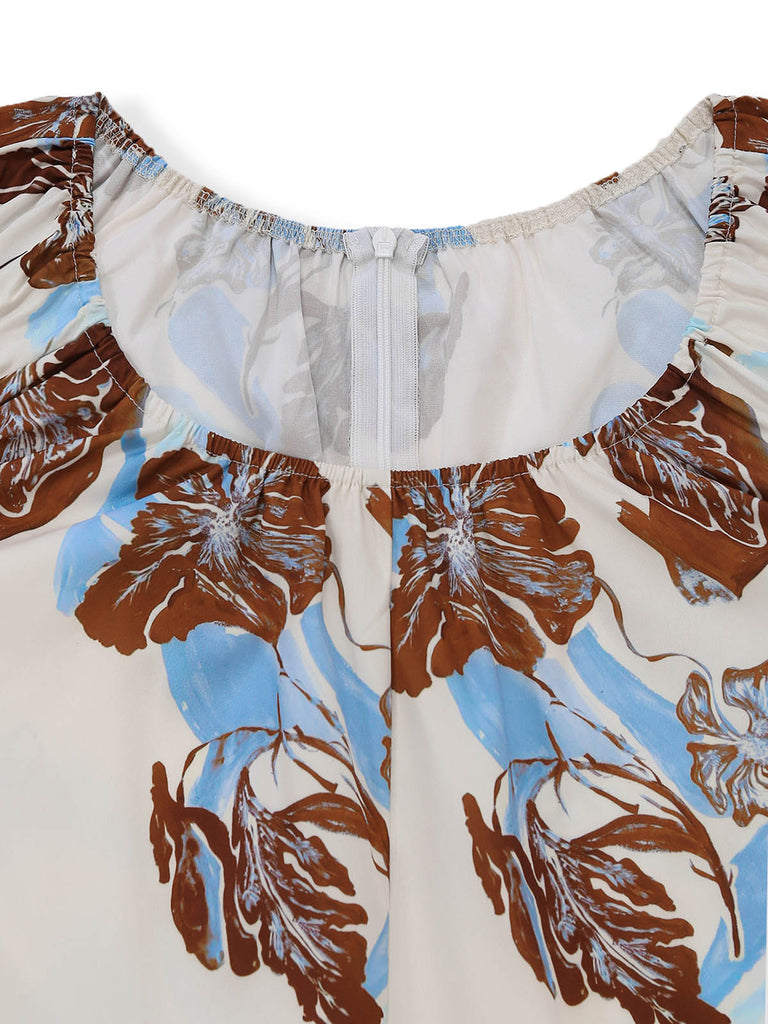 Combishort Beige Floral Imprimé Sans Manches Jambes Larges Années 1940 4