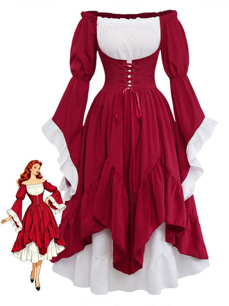 Robe Rouge Épaules Dénudées Manches Cloche Renaissance Années 1930