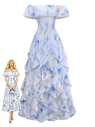 Robe Épaules Dénudées Watercolor Floral Volant Maxi Années 1930