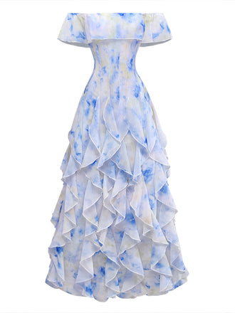 Robe Épaules Dénudées Watercolor Floral Volant Maxi Années 1930 2