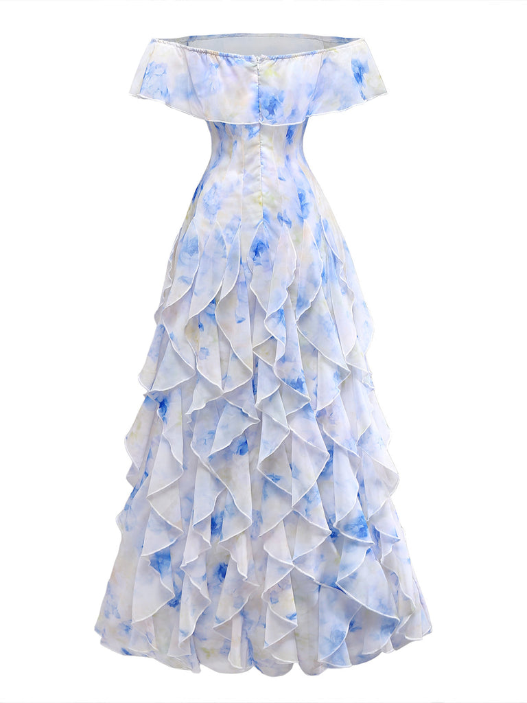 Robe Épaules Dénudées Watercolor Floral Volant Maxi Années 1930 3