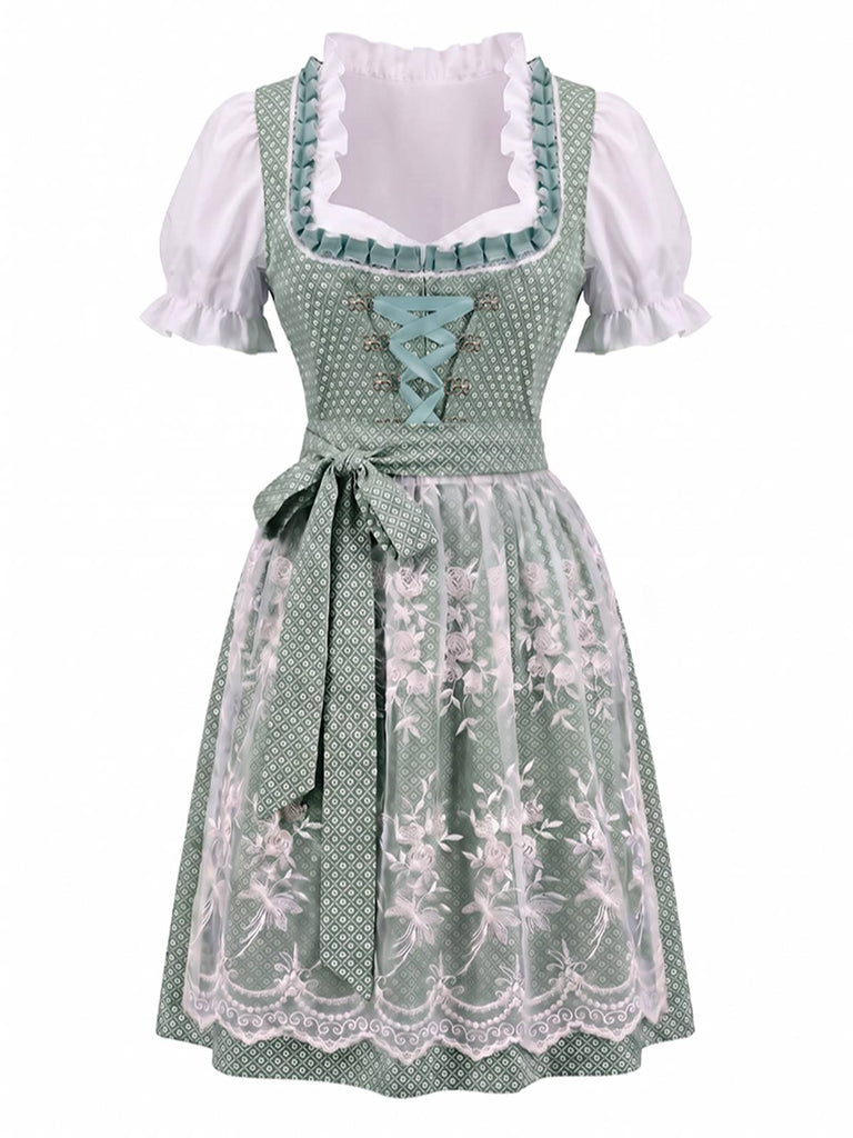 3PCS robe fleurs et encolure carrée haut blanc manches bouffantes et tablier années 1950