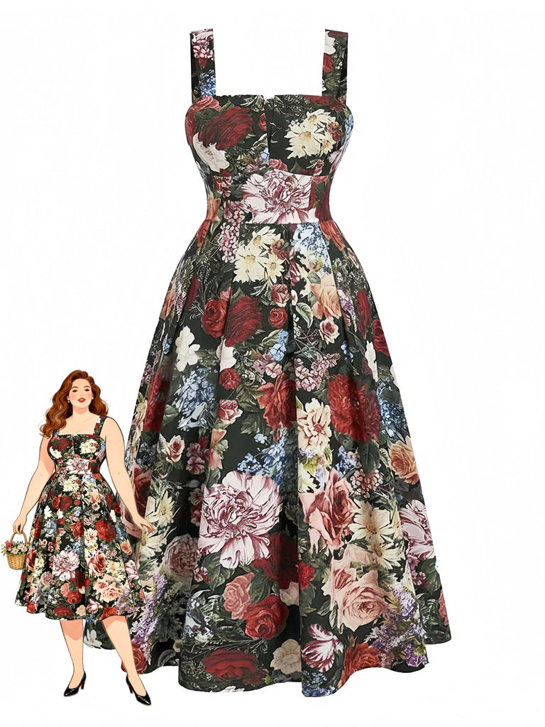 [Grande Taille] Robe Évasée Col Carré Rose Vert Foncé Années 60